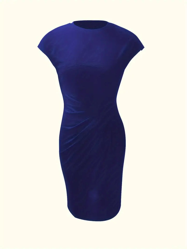 Elegant women's professional sheath dress, knee-length, with a flattering ruched waistline.