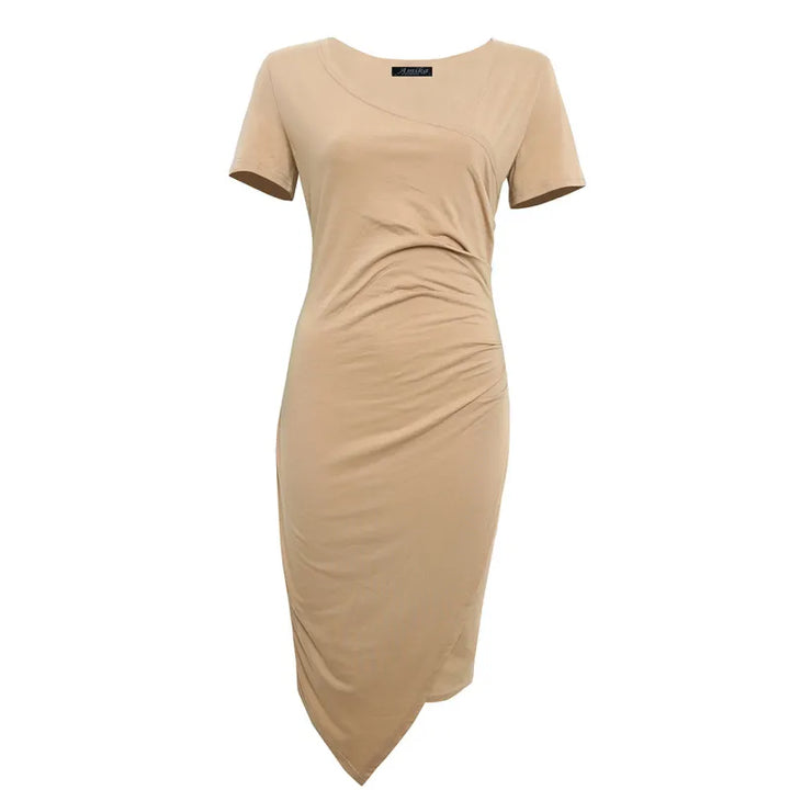 Women's elegant knee-length formal sheath dress, with a chic ruched waist for a sophisticated look.