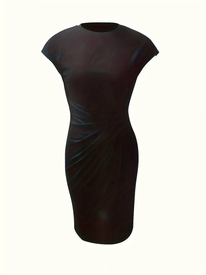 Chic women's cocktail sheath dress, knee-length, with an elegant ruched waist, ideal for parties.