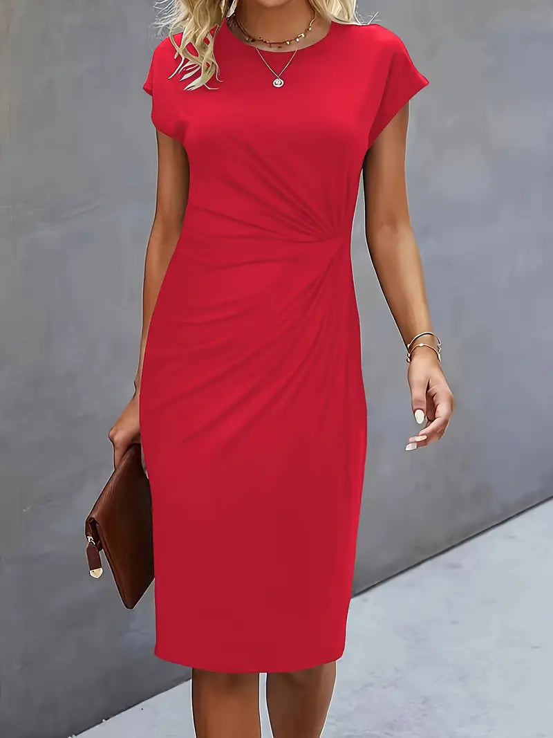 Flattering women's workwear knee-length sheath dress, designed with a sophisticated ruched waist.