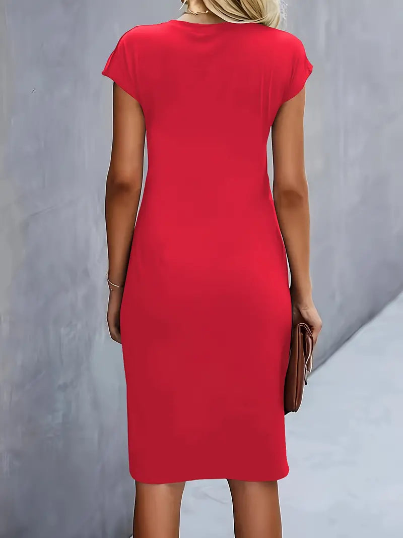Versatile spring/summer women's knee-length sheath dress, with a comfortable and elegant ruched waist.