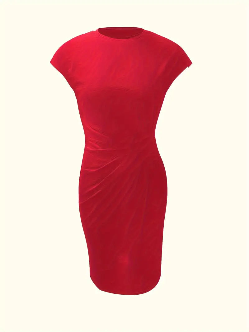 Stylish women's party sheath dress, knee-length, in a solid color, featuring a chic ruched waist.