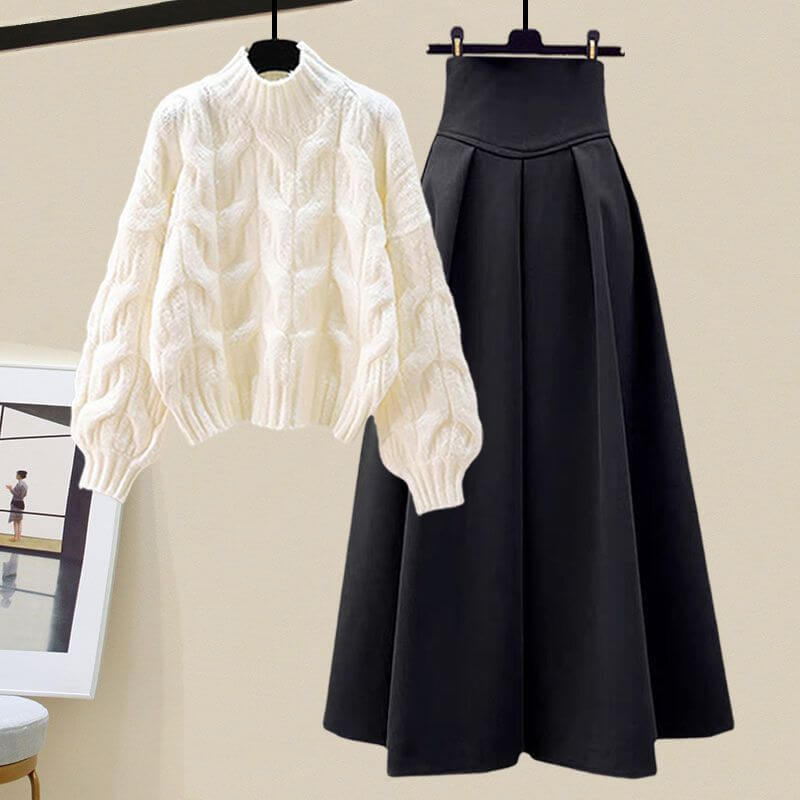 Comfortable women's knitted sweater and pleated midi skirt set. Chic two-piece fall/winter fashion.