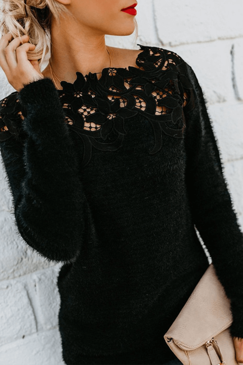Elegant women's knitted sweater top with delicate lace detail, long sleeves, perfect for winter fashion.