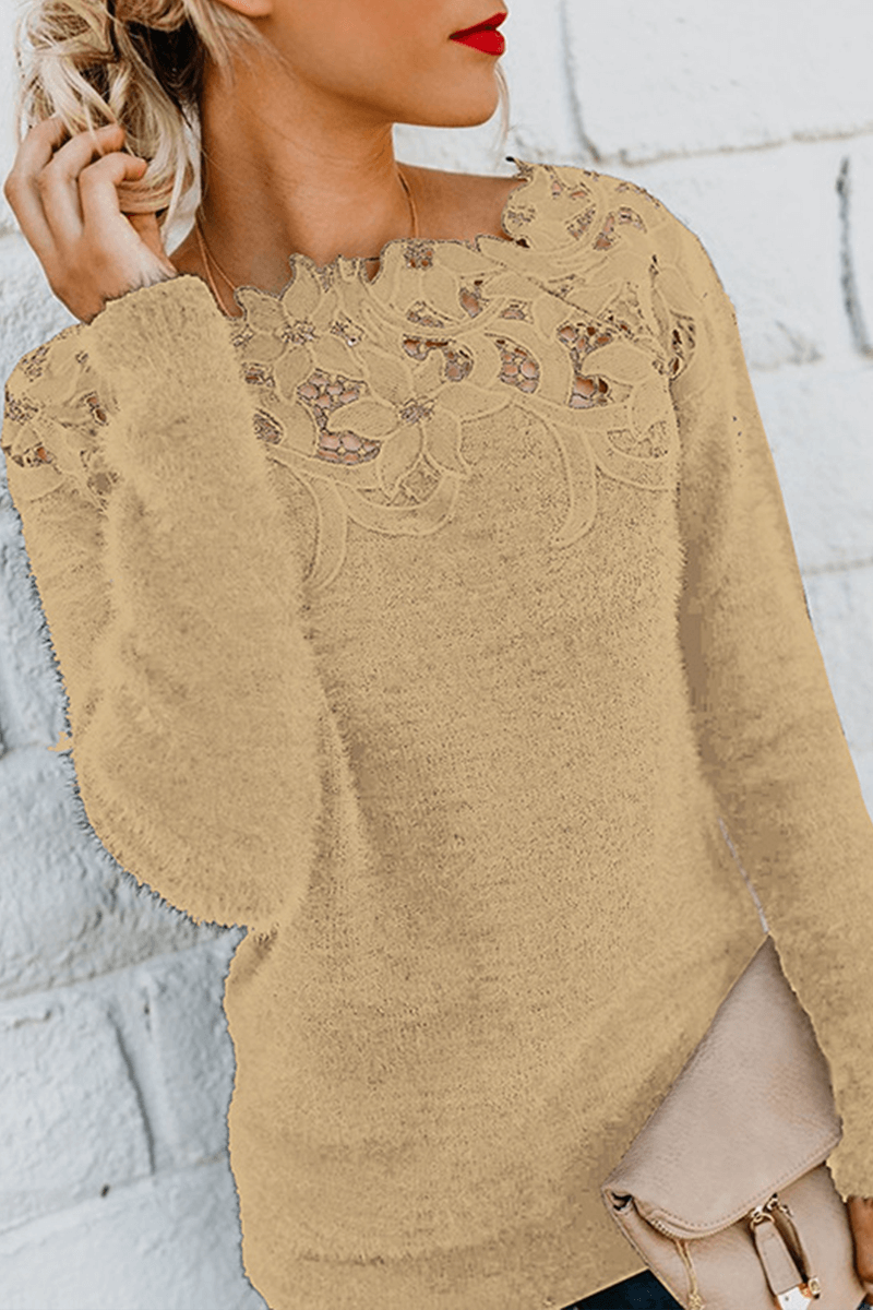 Stylish women's long sleeve knit top with elegant lace detailing, a fashionable and warm winter sweater.