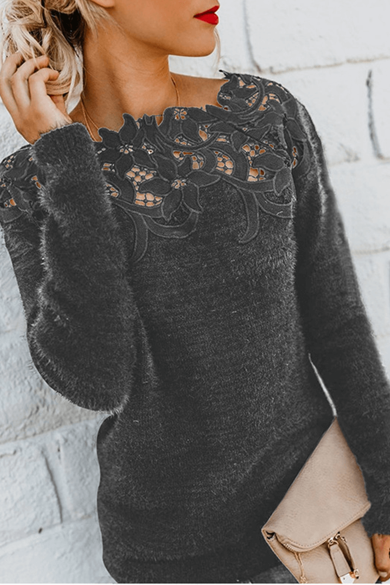 Fashionable women's elegant lace-trim knitted sweater, a comfortable and versatile pullover top.