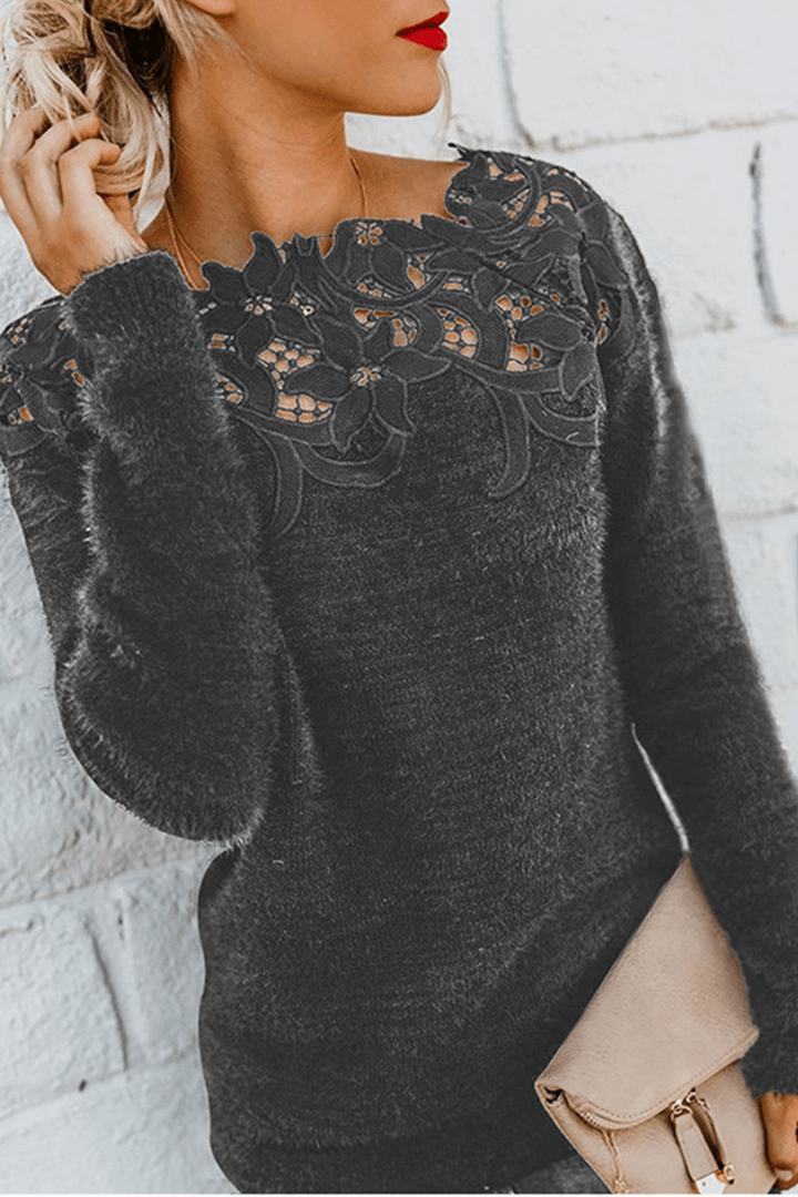 Fashionable women's elegant lace-trim knitted sweater, a comfortable and versatile pullover top.