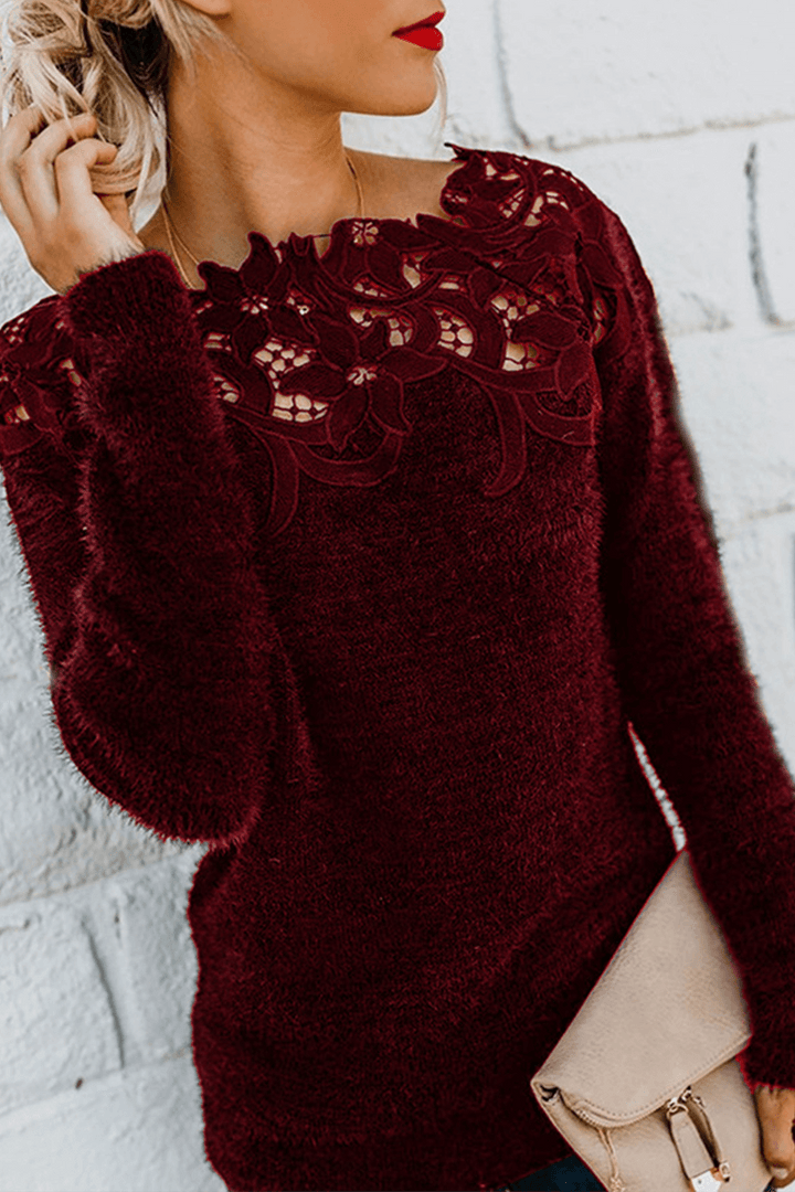 Versatile women's long sleeve knitted pullover sweater with elegant lace design, comfortable and chic.
