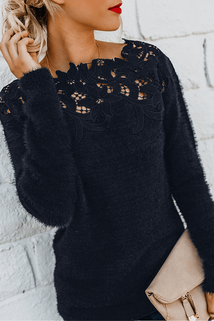 Elegant long sleeve women's knit top, featuring delicate lace details, a comfortable and fashionable winter piece.