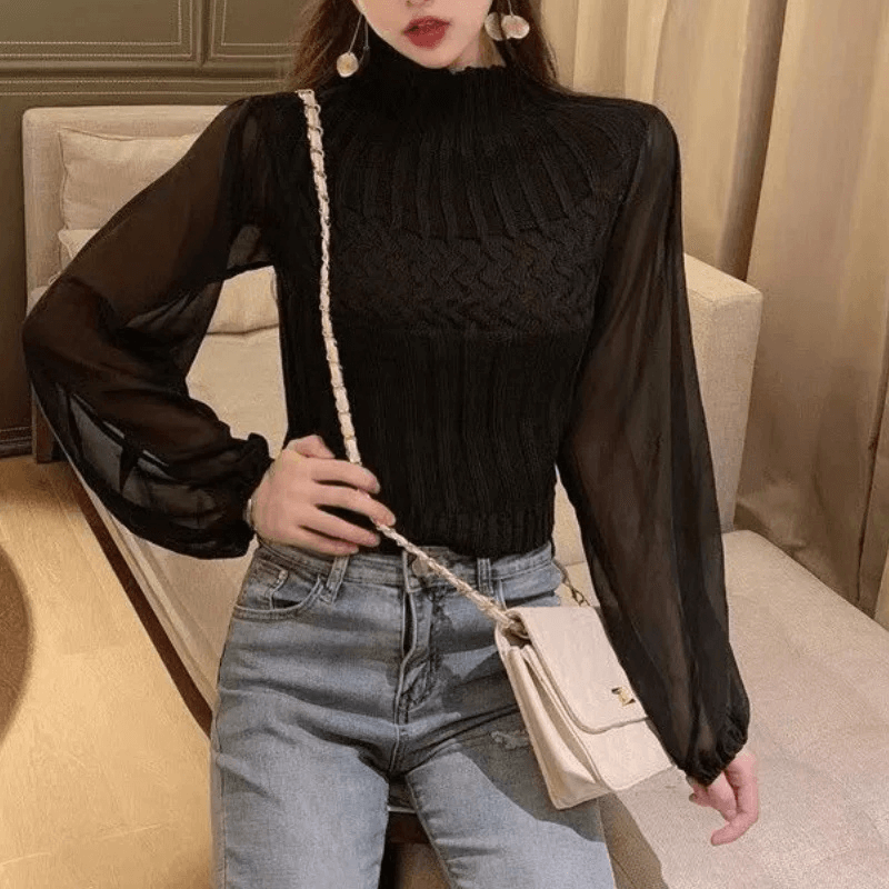 Stylish women's knitted vest & sheer sleeves, an autumn/winter wardrobe essential.