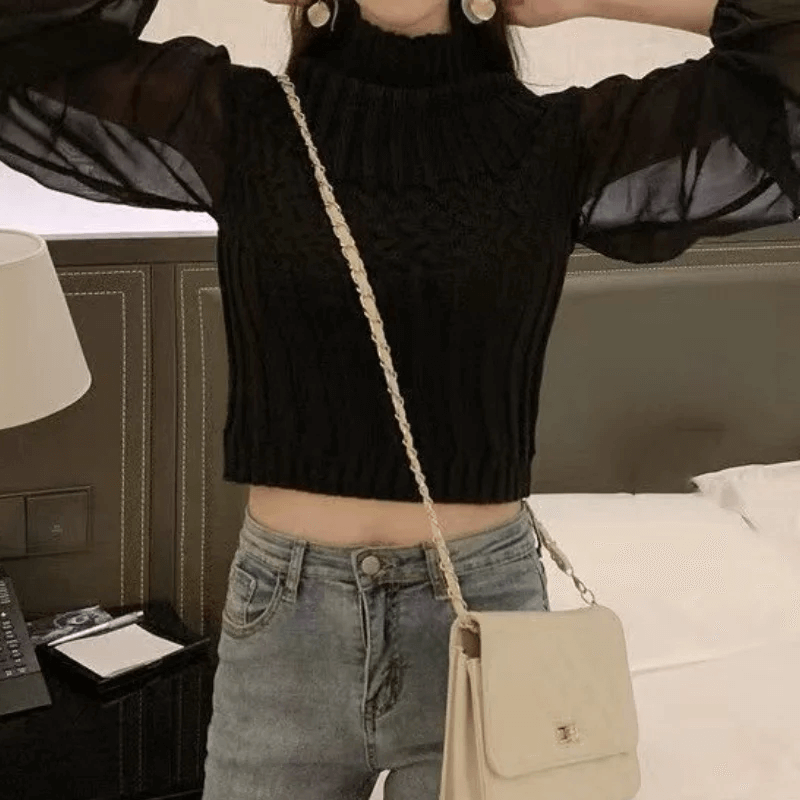Versatile women's knitted top with sheer sleeves, great for elegant layering.