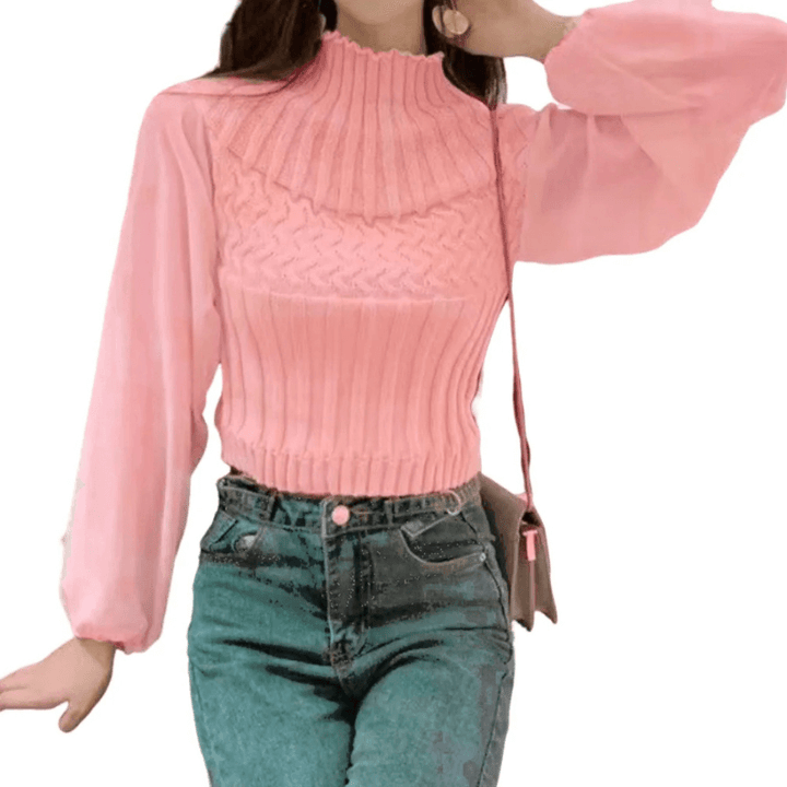 Women's autumn knitted top: an elegant vest with delicate sheer sleeves for modern style.