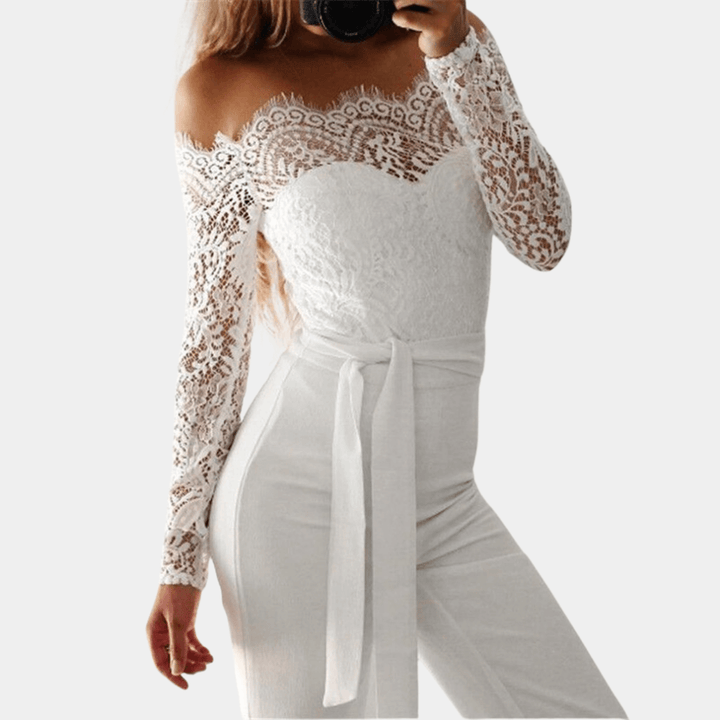 Elegant women's lace off-shoulder jumpsuit, perfect for evening wear, parties, or special occasions. Stylish and sophisticated.