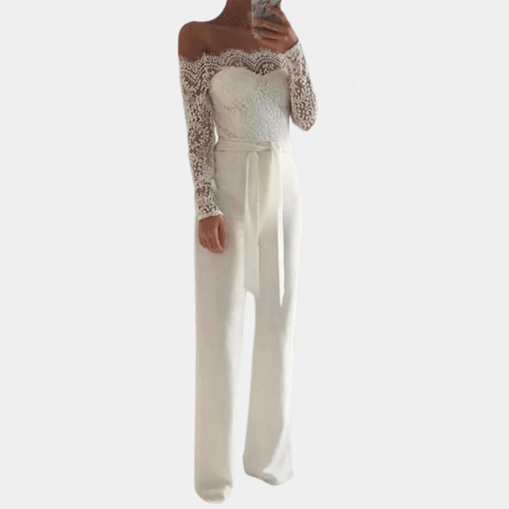 Sophisticated women's off-shoulder lace jumpsuit for formal wear, date nights, and elegant party outfits.
