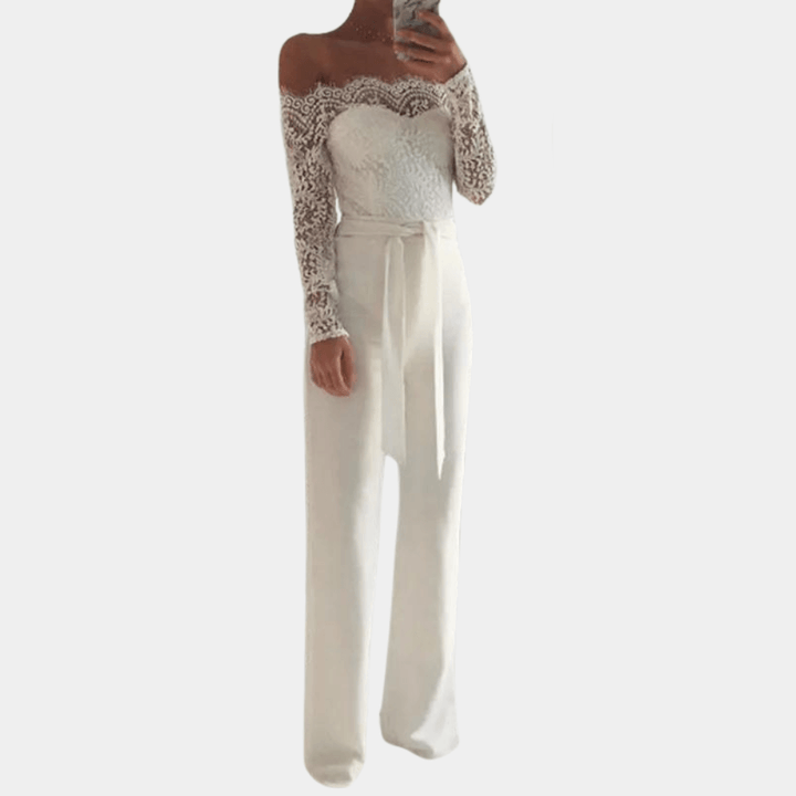 Sophisticated women's off-shoulder lace jumpsuit for formal wear, date nights, and elegant party outfits.