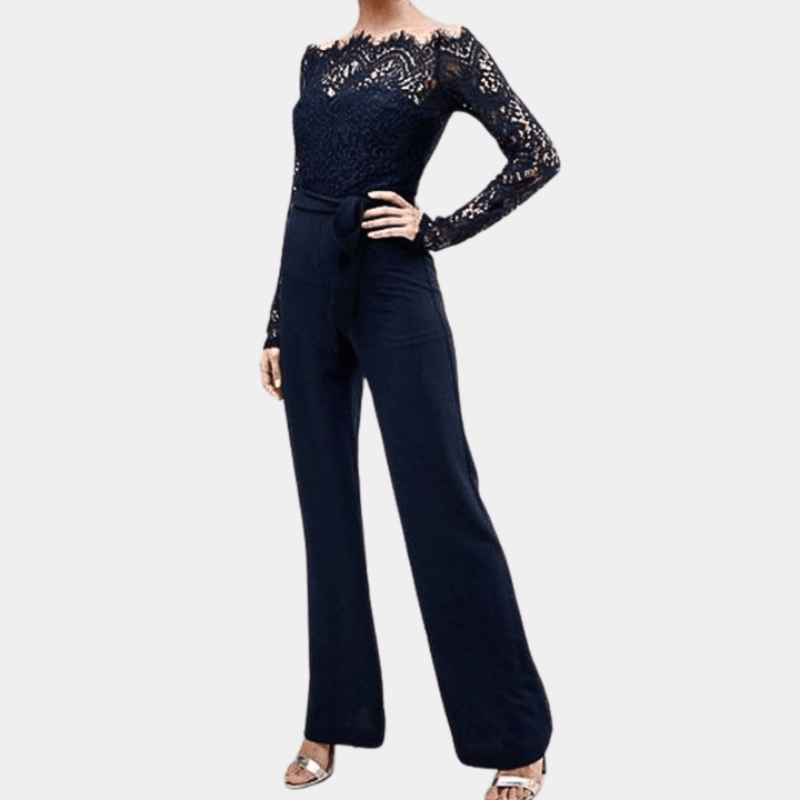 Women's lace off-shoulder jumpsuit designed for elegant party outfits, evening wear, and sophisticated special events.