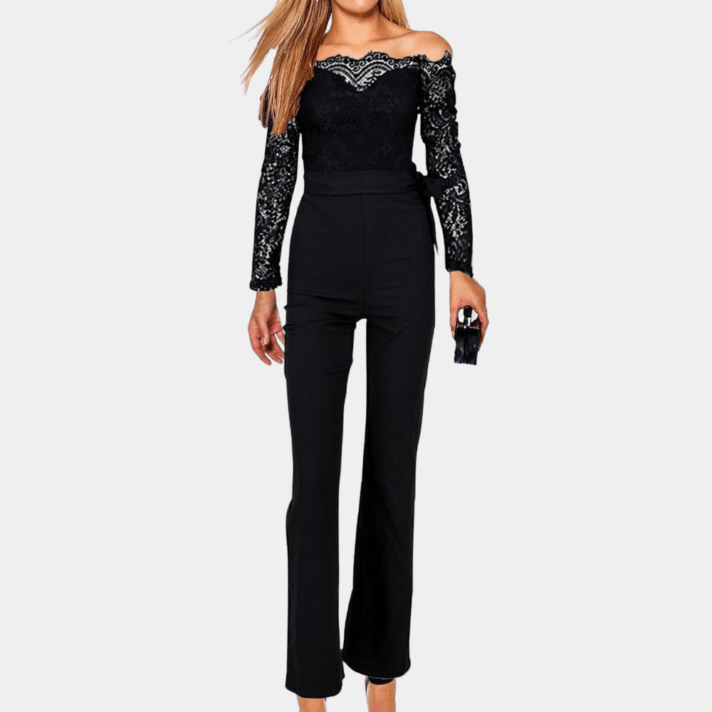 Fashionable women's off-shoulder lace jumpsuit, an elegant choice for date nights, formal events, and stylish parties.