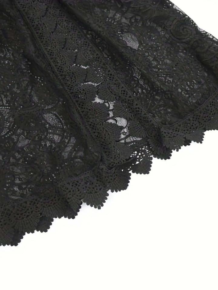 Sophisticated women's lace midi dress, elegant V-neck, great for summer fashion & special occasions.