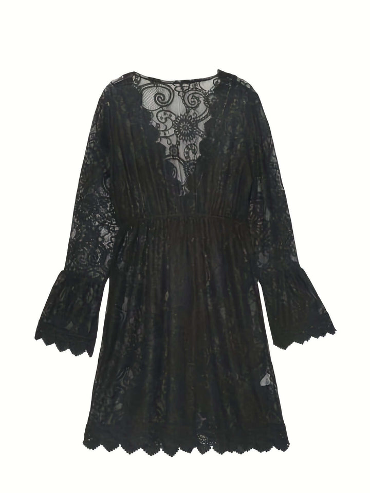 Casual yet elegant women's V-neck lace midi dress with a comfortable fit for warm weather.