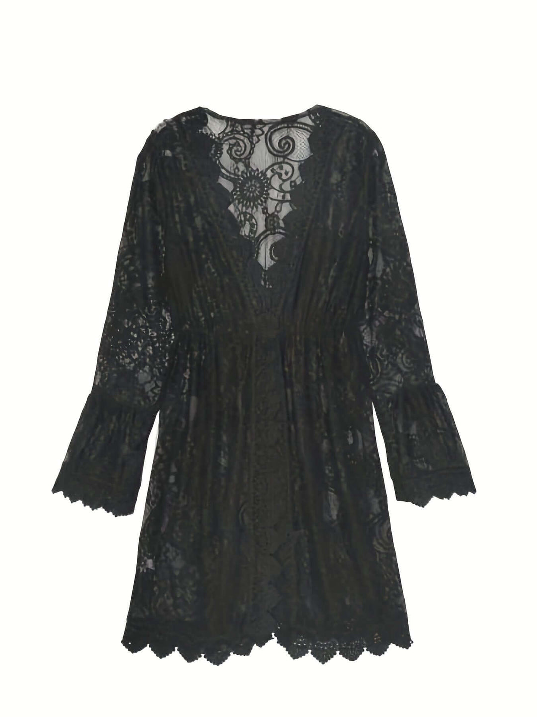 Women's elegant V-neck long sleeve lace midi dress, a chic choice for summer events.