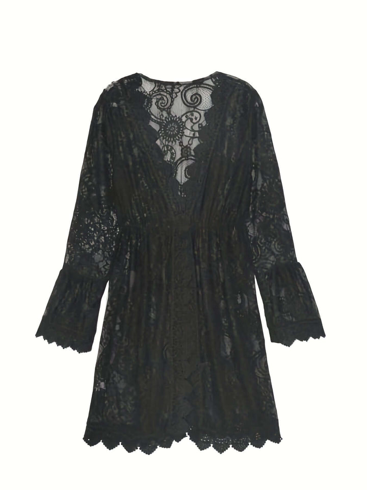 Women's elegant V-neck long sleeve lace midi dress, a chic choice for summer events.