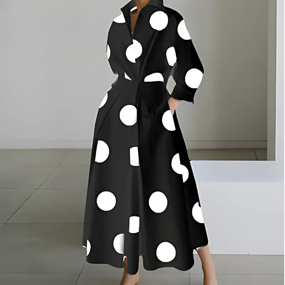 Flattering women's long wrap dress with elegant lapel, perfect for sophisticated occasion wear.