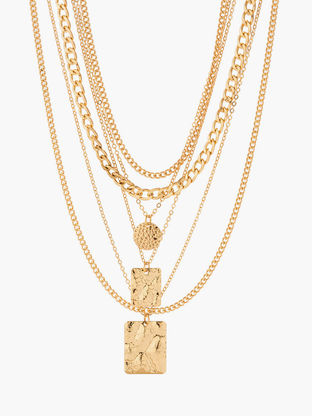 Stylish women's layered pendant necklace featuring unique textured design, a chic gold or silver statement.