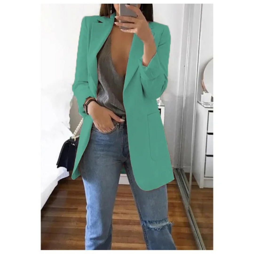 Highly versatile long women's blazer, perfect for elegant business casual, workwear, & chic ladies fashion.