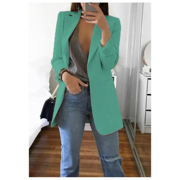Highly versatile long women's blazer, perfect for elegant business casual, workwear, & chic ladies fashion.