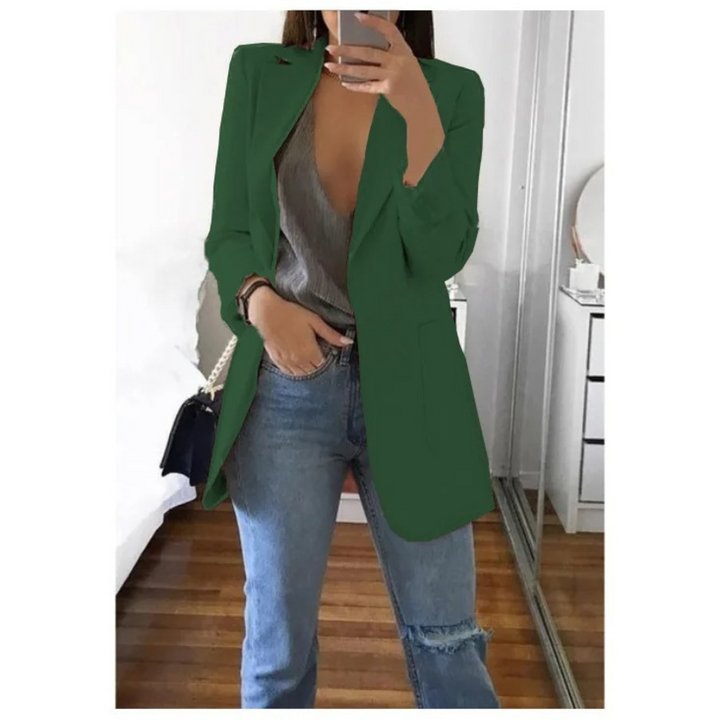 Elegant long women's blazer. Versatile outerwear for business casual, workwear, & ladies fashion trends.