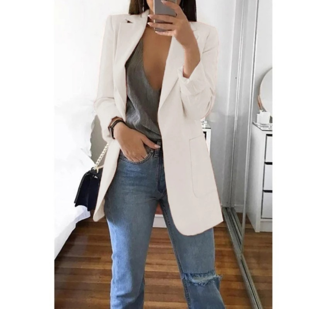 Chic long women's blazer, Valentina style, offering elegant & versatile outerwear for ladies fashion.