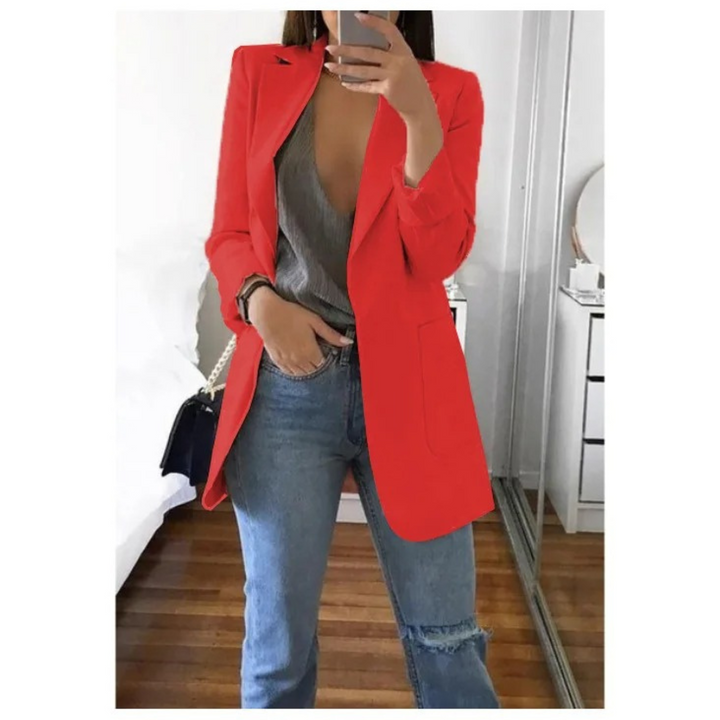 Elegant long women's blazer, a versatile statement piece for trendy ladies fashion & stylish workwear.