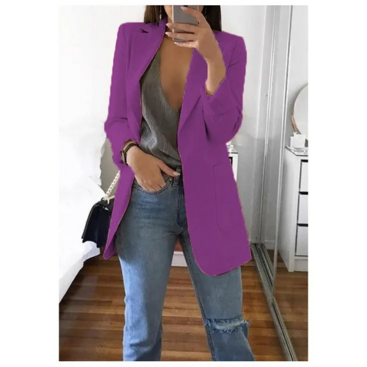 Trendy long ladies blazer, Valentina, perfect elegant outerwear for women's fashion & business casual.