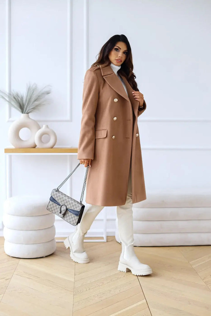 Sophisticated women's long double-breasted coat, a versatile classic for elegant all-season outerwear.