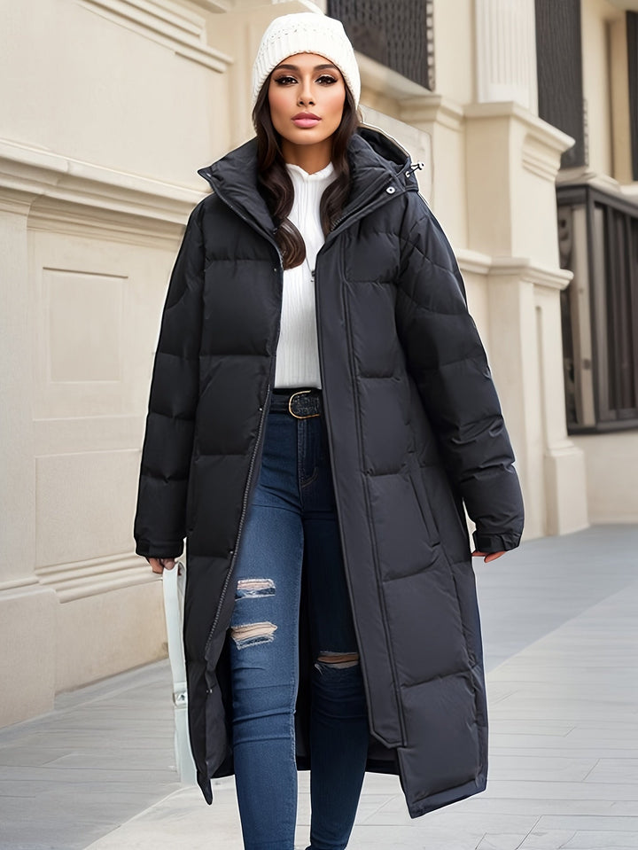 Women's warm long down coat with a stylish hood, essential elegant winter jacket for cold climates.