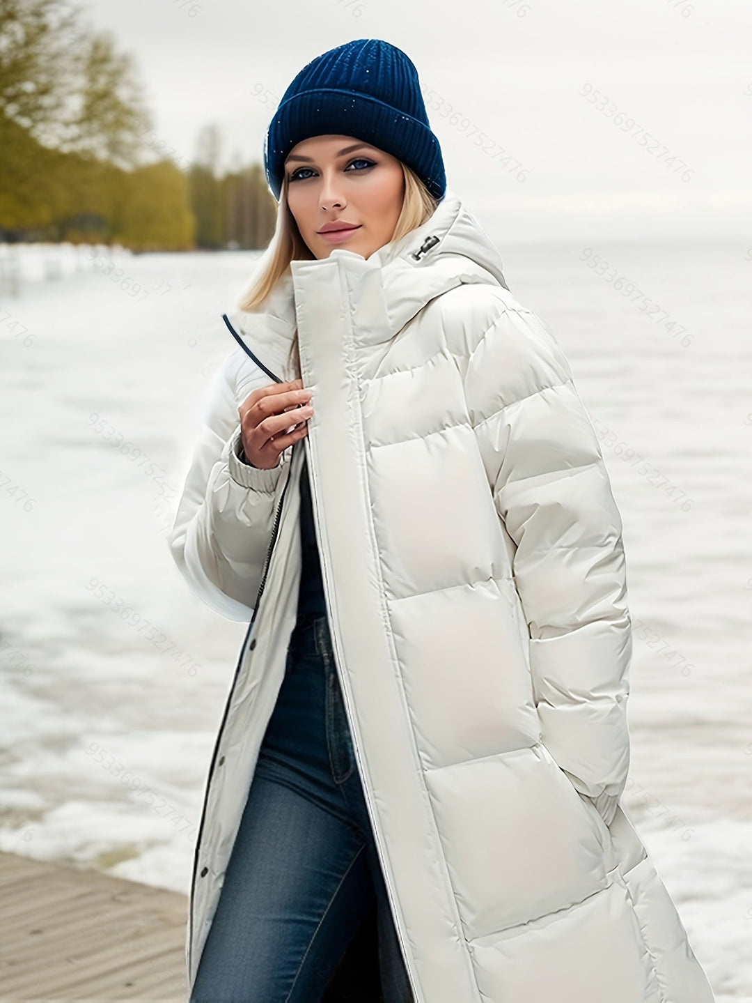 Stylish women's long padded coat with a hood, ideal for autumn and winter fashion.