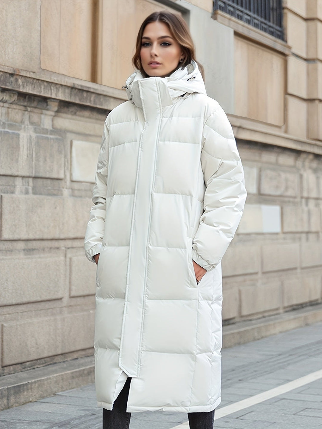 Fashionable women's long down jacket, hooded and padded for warmth and style during autumn and winter.