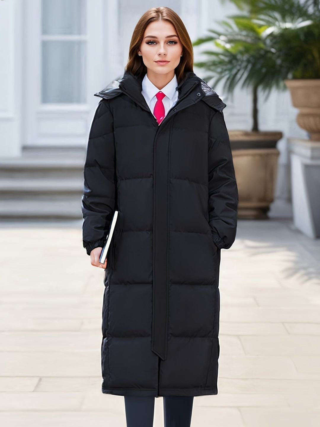 Sophisticated women's long hooded down coat, perfect elegant outerwear for chilly winter days.