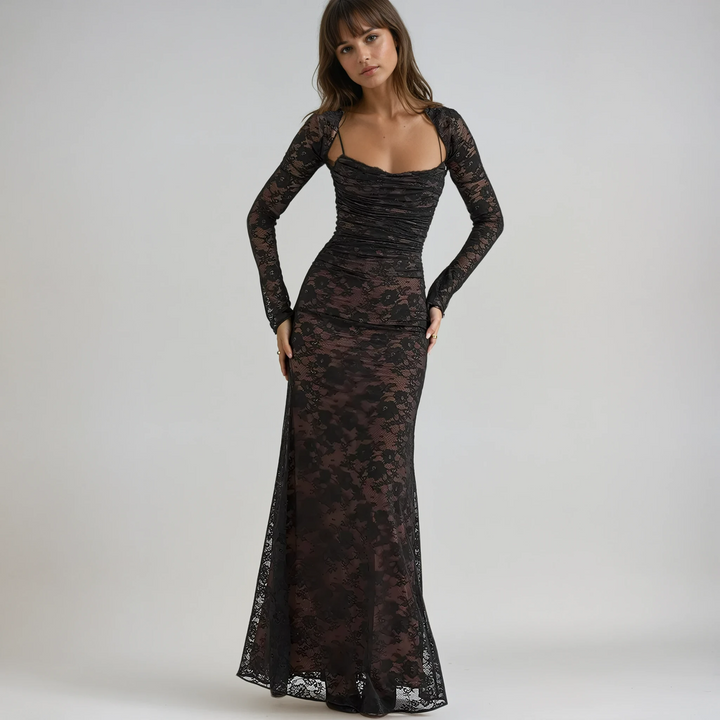 Elegant women's long maxi dress for wedding guests, perfect for a formal special occasion.