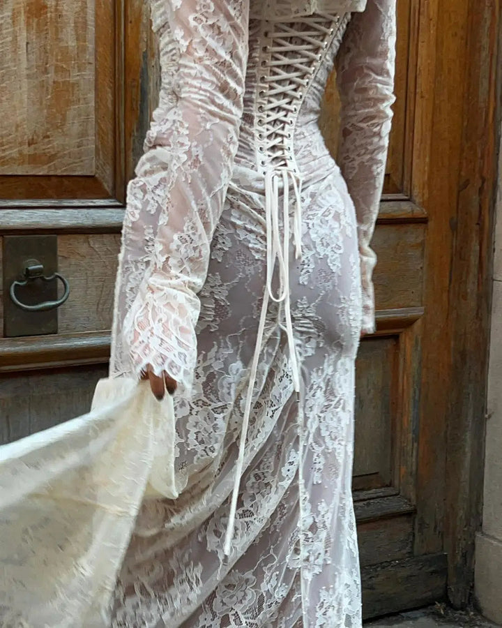 Beautiful formal maxi dress with sheer sleeves, a long elegant gown for women's special occasions.