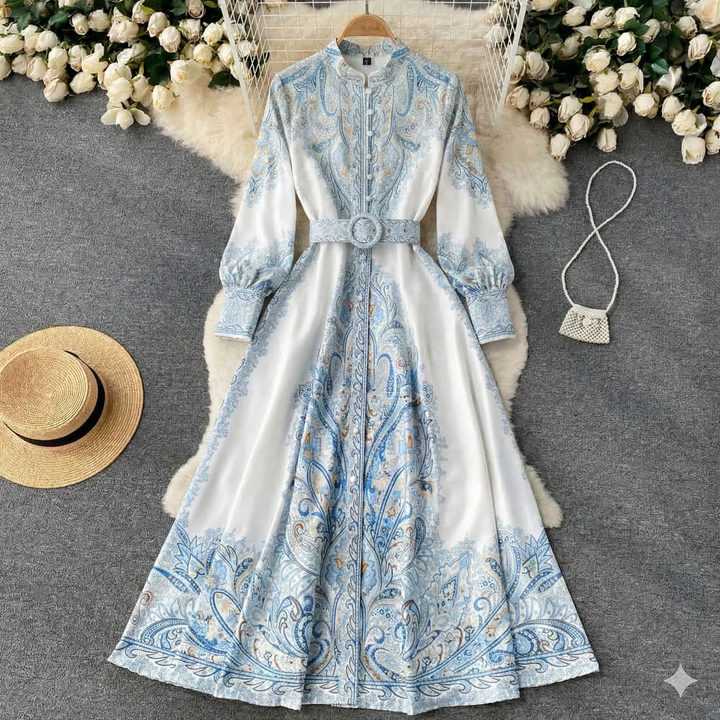 Elegant women's long sleeve belted maxi dress, ideal formal evening gown or wedding guest attire.