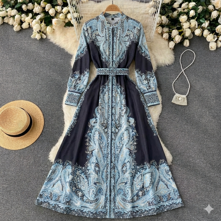Sophisticated full-length women's maxi dress with long sleeves & belt, perfect for formal occasions.