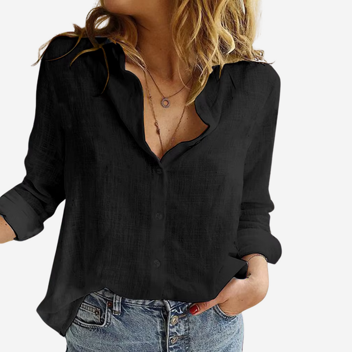 Stylish women's long sleeve button-down blouse. Lightweight top, ideal for elegant spring & summer fashion.