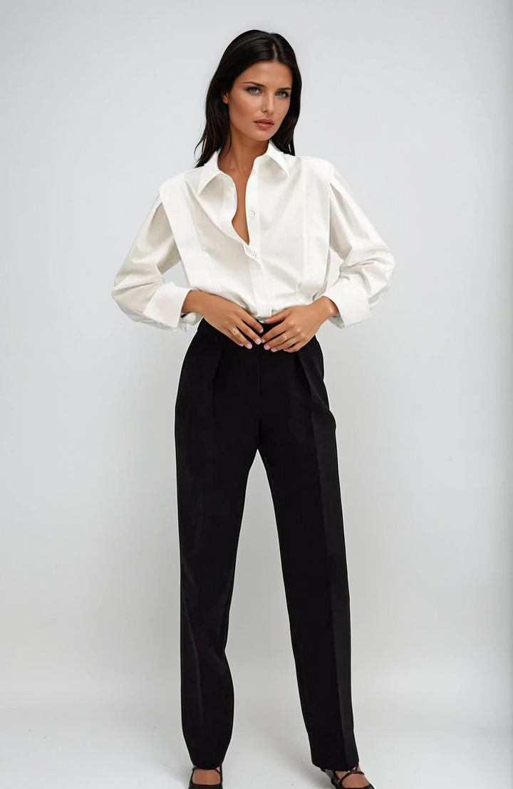 Elegant women's long sleeve button-down blouse with square collar. Versatile top for office, casual chic, and classic fashion.