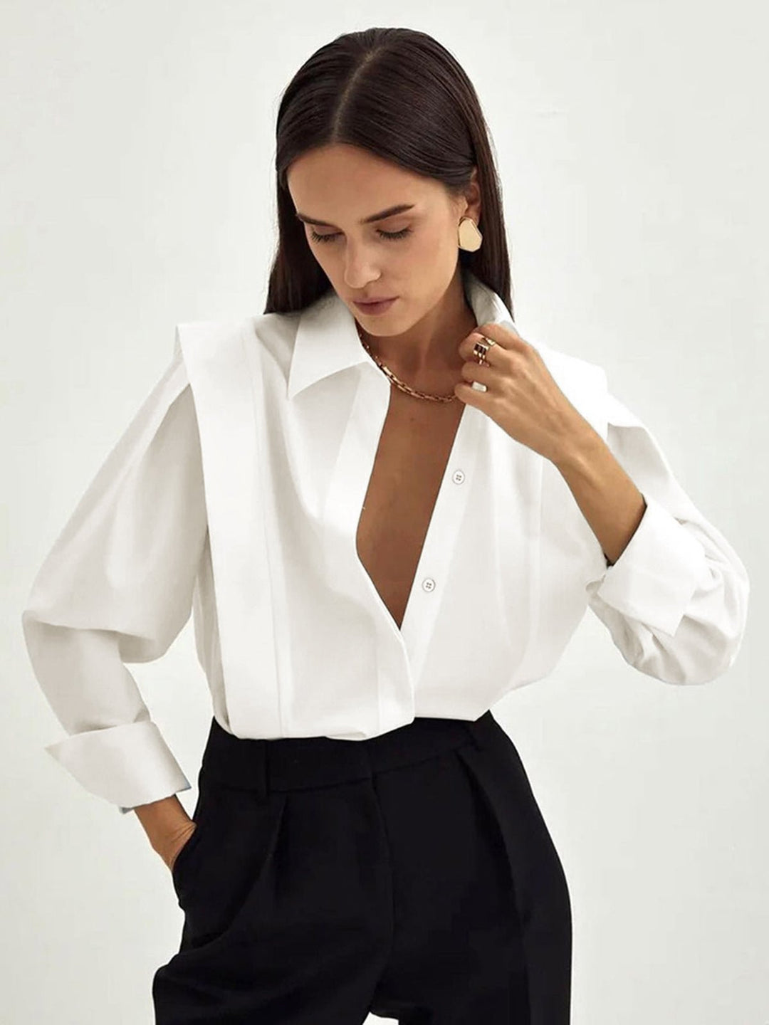 Chic women's square collar button-down shirt. A long-sleeve elegant blouse, perfect for office, versatile fashion, or casual wear.