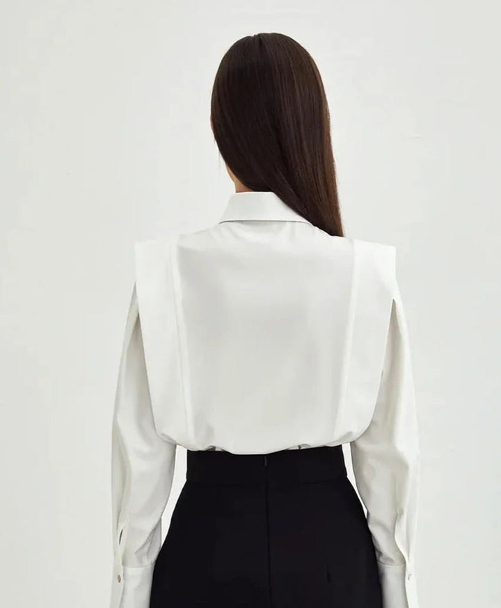 Classic women's button-down blouse, an elegant long-sleeve top with square collar, ideal for office wear & casual chic outfits.