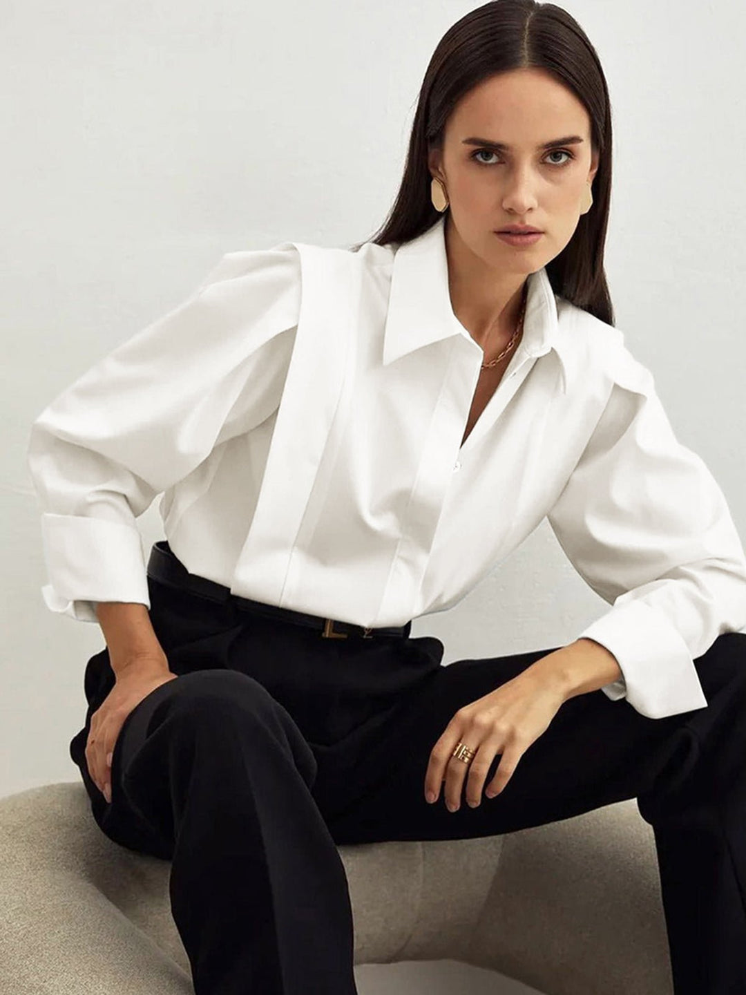 Sophisticated women's long-sleeve button-down blouse. Versatile square collar top for elegant professional & smart casual looks.