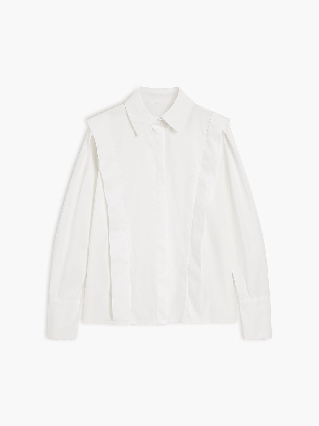 Close-up: Elegant square collar & buttons on a women's long-sleeve button-down blouse. Chic top for office & casual fashion.