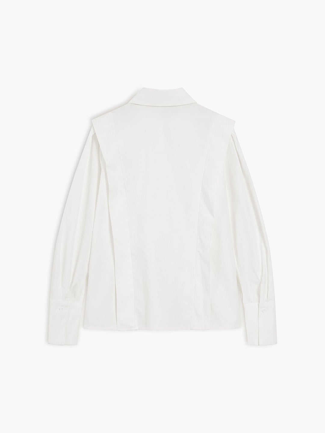 Display of women's elegant long-sleeve button-down shirt with square collar. Versatile classic blouse for office & casual wear.