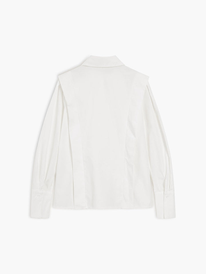 Display of women's elegant long-sleeve button-down shirt with square collar. Versatile classic blouse for office & casual wear.